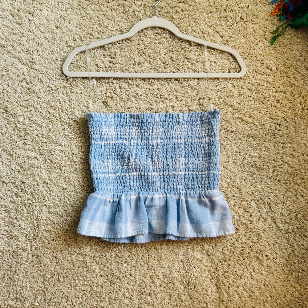 Blue Smocked Tube Top with Ruffle Hem